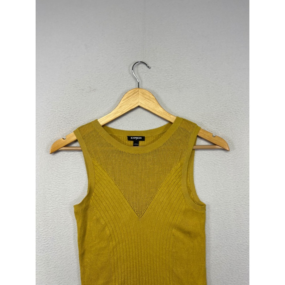 Express Ribbed Knit Tank Top Womens Small Mustard Yellow Pointelle Mesh Top - Picture 7 of 9